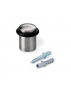 Tope de puerta con tórica, de metal y caucho con acabado en acero inox, fijación con tornillos, blister