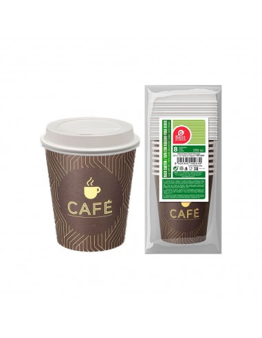 Vasos de cartón de cafe + tapa con agujero 250cc, 8 uds