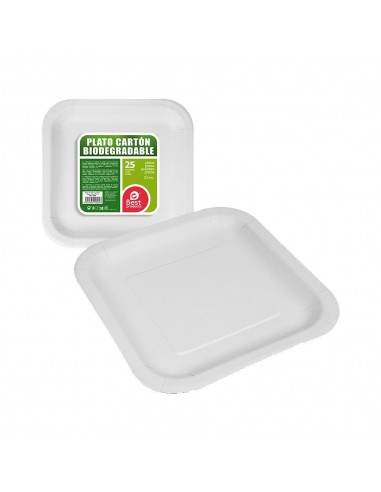 Platos de cartón cuadrados blancos 23 x 23 x 2 cm, 25 uds