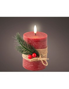 Vela de cera led efecto llama, color rojo, superficie rústica con ramillete ø7,5 x 13 cm