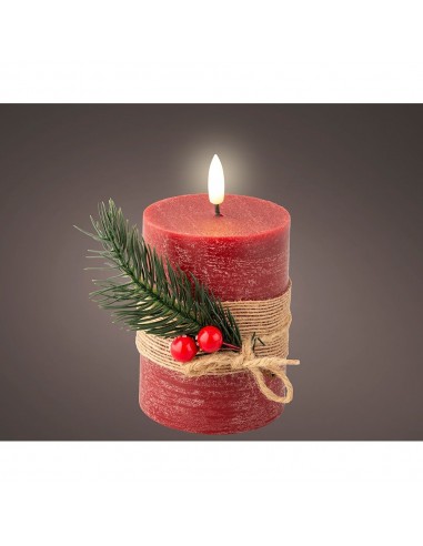 Vela de cera led efecto llama, color rojo, superficie rústica con ramillete ø7,5 x 13 cm