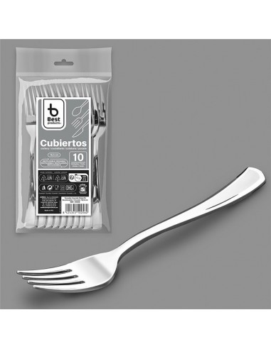 Tenedor reutilizable color plata 18,5 cm, 10 uds