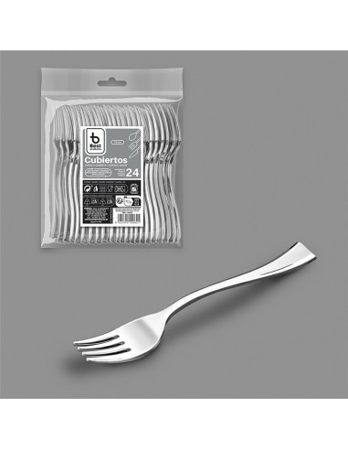 Tenedor degustación reutilizable color plata 10 cm, 24 uds