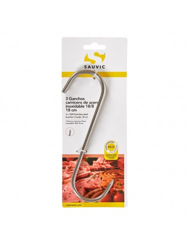 Gancho, carnicero, de acero con acabado inoxidable 18/8, 18 cm, 3 uds, blister