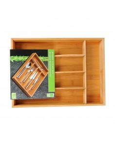 Organizador de cubiertos extensible de bambú con 6 compartimentos, 35 x 25-39,2 x 4,5 cm