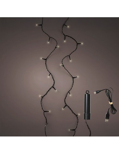 Guirnalda multifunción, uso exterior, recargable, blanco cálido, cable negro, 100 leds, 7,4 m