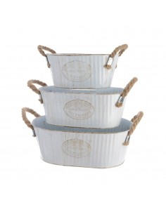 Cubo zinc ovalado con dos asas de cuerda, blanco vintage, 3 uds
