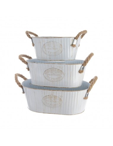 Cubo zinc ovalado con dos asas de cuerda, blanco vintage, 3 uds