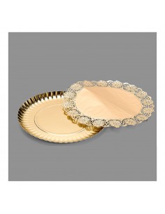 Bolsa con 1 bandeja redonda con blonda oro 23cm