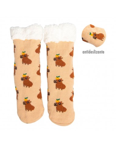 Calcetines capibara estampados antideslizantes con forro de borreguito suave, talla 40 - 45