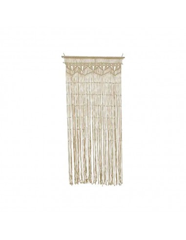 Cortina de macramé beige con barra de madera clara, para puerta, 90 x 200 cm