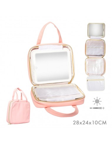 Maletín desplegable para cosméticos con espejo led y colgador, rosa, 27 x 8,5 x 22 cm