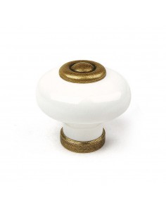 Pomo para mueble, modelo 824, de porcelana y metal con acabado blanco y cuero viejo, ø31 mm