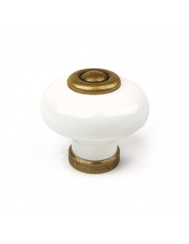 Pomo para mueble, modelo 824, de porcelana y metal con acabado blanco y cuero viejo, ø31 mm
