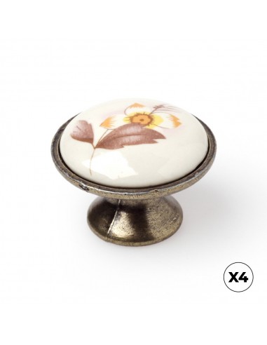 Pomo para mueble, modelo 814, de porcelana y zamak con acabado ilustrado flor marrón, ø30 mm, blíster 4 uds